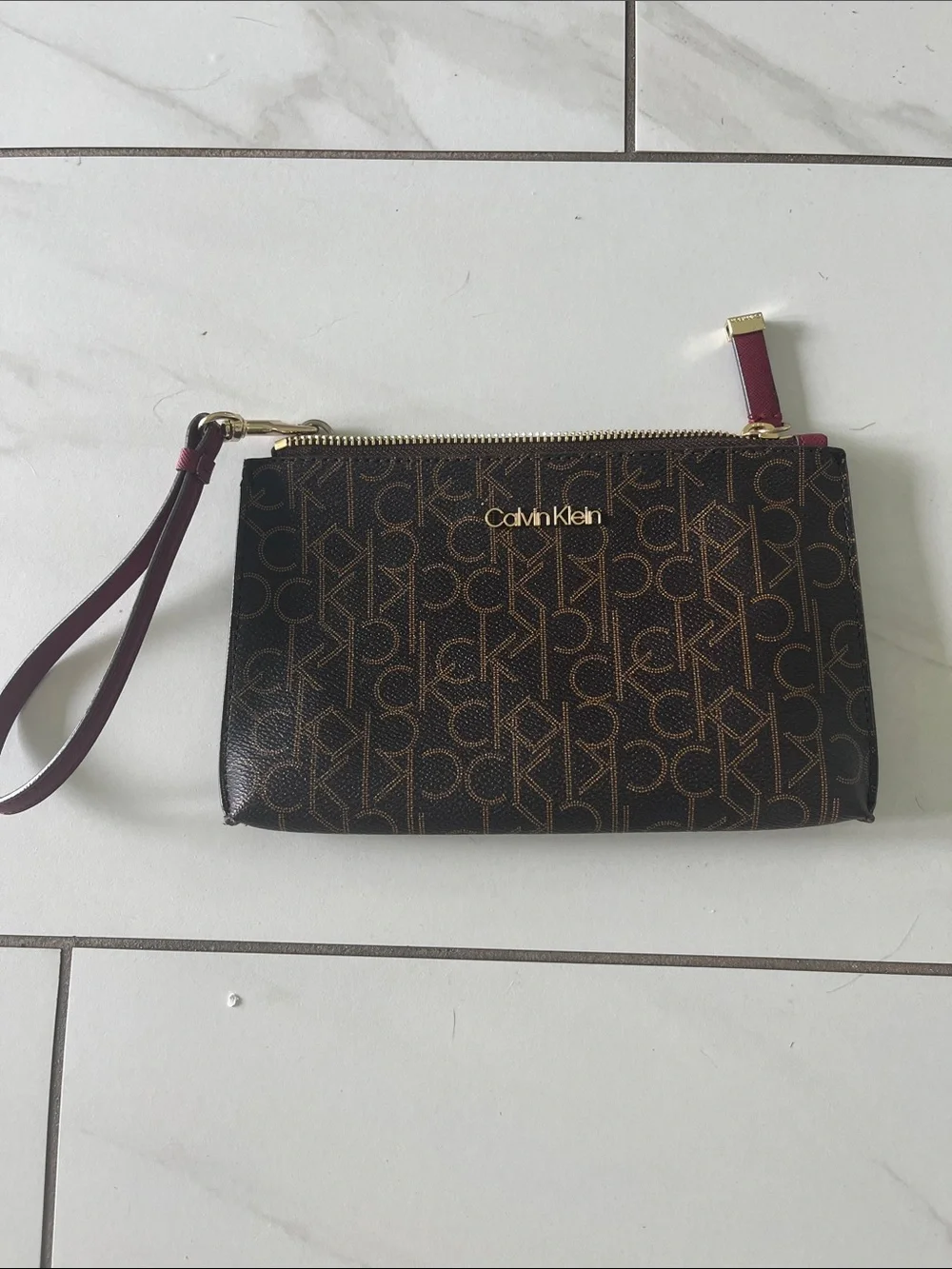 Calvin Klein Brown Logo Wristlet Clutch with Burgundy Strap